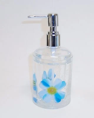 NEW CLEAR ACRYLIC FLOATING,BLUE+YELLOW FLOWER,WHITE BRANCH,SOAP+LOTION DISPENSER - Image 1 of 4
