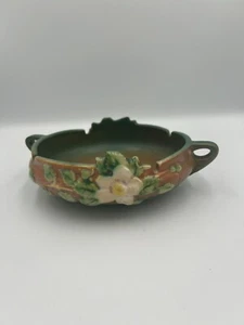 Roseville Pottery Green White Rose #389-6" Double Handle Bowl Dish - Picture 1 of 7