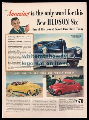 1940 HUDSON SIX Blue Sedan, Yello0w Convertible, Red Coupe Clasic Orig PRINT  AD - Image 1 of 3