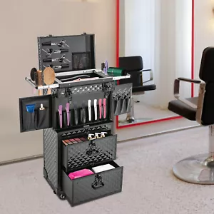 Estuche de maquillaje con ruedas de aluminio profesional 4 en 1 organizador de cosméticos de salón carro negro - Imagen 1 de 21