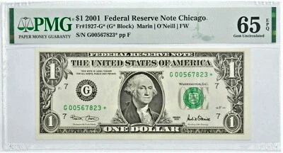 2001 $1 STAR NOTE - PMG Graded 65EPQ  FR1927-G* FRN - Error Replacement *823 - Image 1 of 2