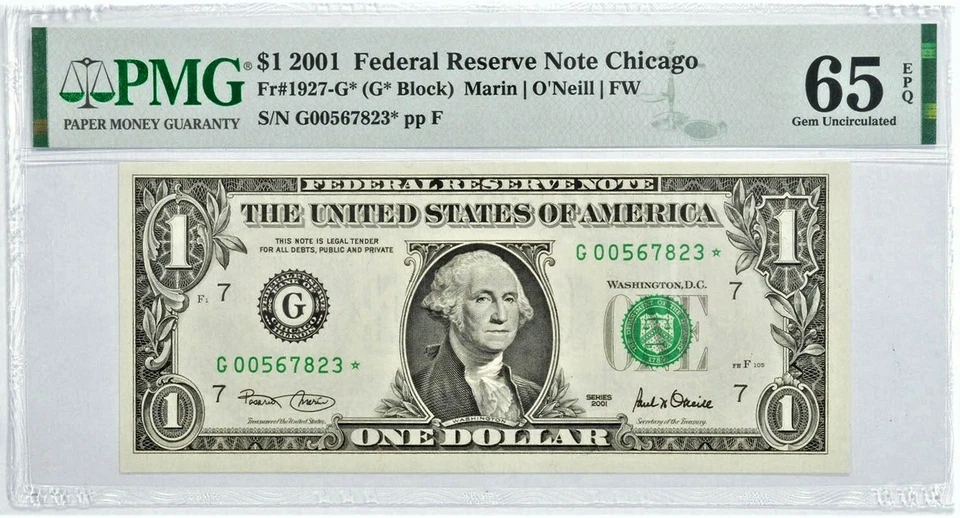 2001 $1 STAR NOTE - PMG Graded 65EPQ  FR1927-G* FRN - Error Replacement *823 - Image 1 of 2