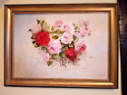 Tableau Peinture Bouquet Roses Nature Morte Huile Toile 64X47cm Signe Cadre Dore