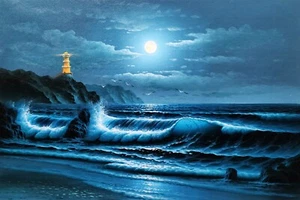 Night Lighthouse  #5C-BNO-11,  24x36,  100% Hand Painted Oil Painting on Canvas, - Picture 1 of 6