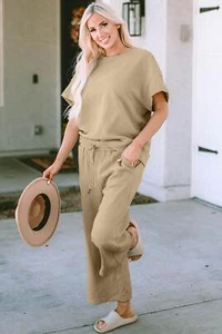Full Size Soft Texture Short Sleeve Top and Pants Jogger Set - Picture 1 of 40