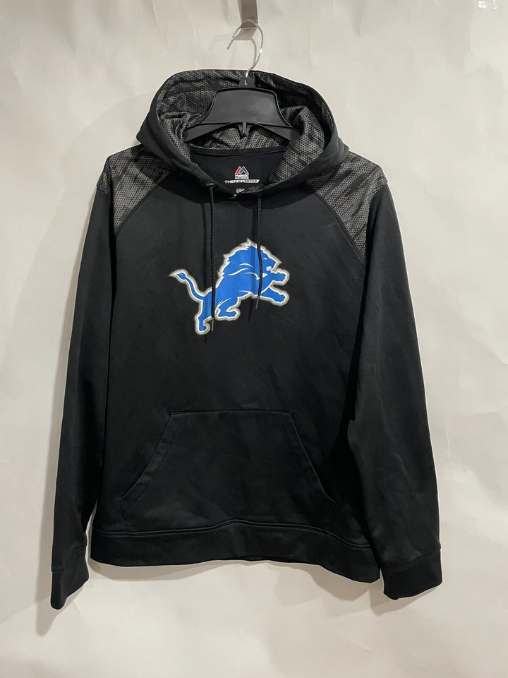 Majestic Terma Base Size L Hoodie Sweatshirt Black Logo Lions Foodball Detroit  - Image 1 of 4