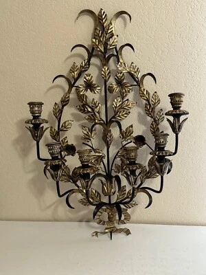 Aplique de 6 velas de pared vintage de metal negro plateado y dorado Tole Foto 1 de 4