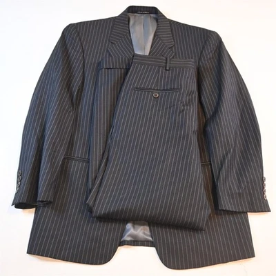 Винтажный 2000-х годов Y2K коробка 39с 32 x 30 темно-синий в полоску 100% шерсти Мужская куртка брюки костюм - Изображение 1 из 4