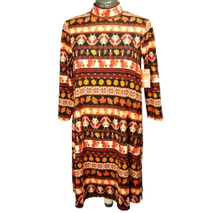 Kohl's Autumn Mushrooms Leaves Knee Length Dress Mock Neck 3/4 Sleeve Stretch XS - Picture 1 of 24