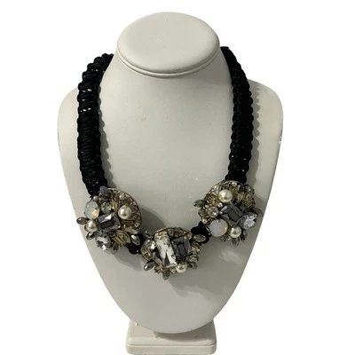 Chico's Statement Bib Necklace Black Beaded Faux Pearls Rhinestones Bold - Image 1 of 4