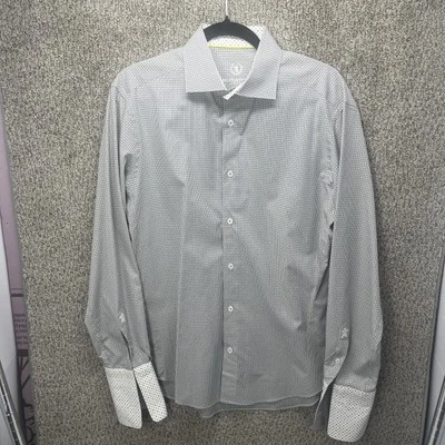 Camisa de Vestir Bugatchi Uomo Gris Bordada León Puño Francés Geométrica 15.5 34/35 Foto 1 de 4