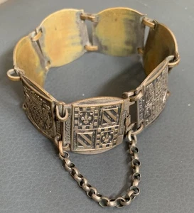 Vintage French Bracelet Brass Town Shields City Crests Panel Antique 7" R8 - Picture 1 of 4