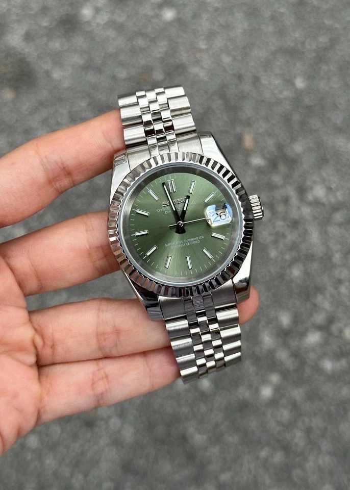Часы Seik Mod зеленый циферблат рифленый ободок юбилейный браслет автоматические - Изображение 1 из 2