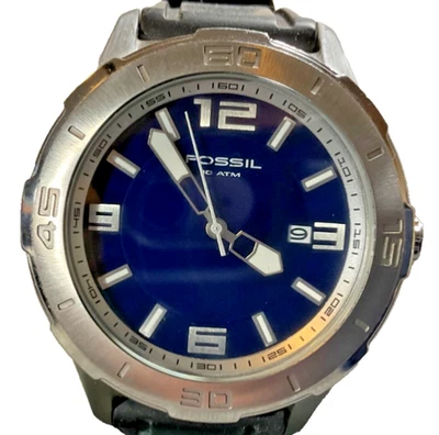 FOSSIL MENS AM-4161 SS Watch 45mm NAVY BLUE DIAL DATE BLK SILICONE NEW BATTERY - image 1 of 4