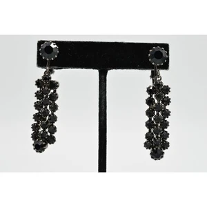Orecchini Vintage Statement Clip On Nero Strass Cristallo Gunmetal Pendente 9H - Foto 1 di 9