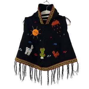 Poncho con Capucha Negro para Niños Talla 8 Alpaca Llama Sol Cactus Rana Pollo Caracol - Imagen 1 de 3