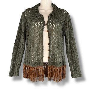 Vintage grün Kragen Strick Knopfleiste Fransen Cardigan Fee Gremlin Kern L Boho - Bild 1 von 6