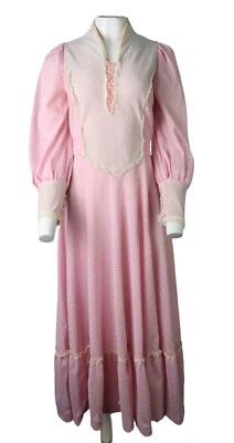 Vestido vintage años 70 EE. UU. Para mujer M rosa elástico encaje casa núcleo pradera manga larga Foto 1 de 4