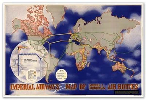 Imperial Airways Airplane Travel Print Empire WORLD MAP circa 1937 36" x 24" - Picture 1 of 9