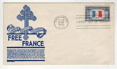 1943 WW2 Patriotic FDC OVERRUN COUNTRIES ANDERSON BLUE CACHET 915 FRANCE Cover