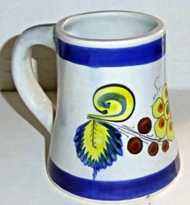 Mexican Handmade Ceramic Mug Flowers Nuts Leaves Blue Yellow White Brown Signed - Picture 1 of 6