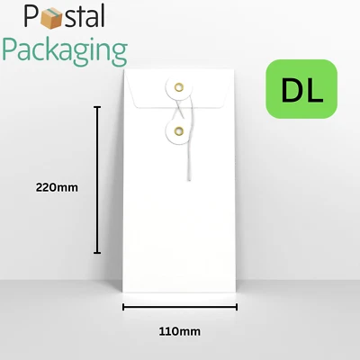 DL (220x110mm) WHITE String and Washer Envelopes Cardboard Button Tie Reusable - Image 1 of 4