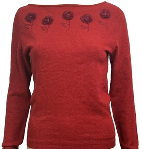 Tryst by Matthew H Red Pullover Sweater Tulle Flowers Beads Long Sleeves L - Picture 1 of 8