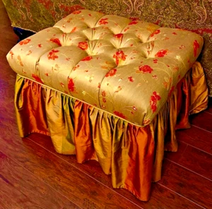 EASTERN ACCENTS Tufted Embroidered Gold Silk Ottoman Skirted Rectangle - Picture 1 of 8