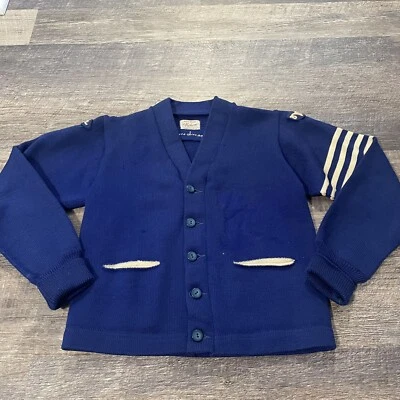 Suéter de Lana Letterman Dehen Co Fútbol Azul Blanco Años 50 De Colección Foto 1 de 4