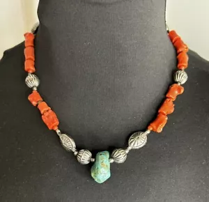 Vintage RARE Authentic Tibetan Raw Turquoise Nugget Red Coral 8” Choker Necklace - Picture 1 of 6