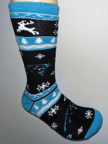 CAROLINA PANTHERS NFL FOOTBALL LOGO HOLIDAY PATTERN CREW SOCKS LARGE Q Cover
