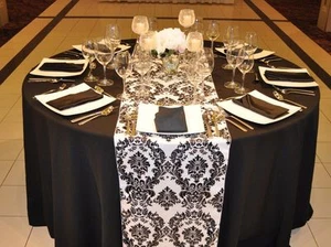 25 Black White Flocked Taffeta Damask Table Top Runners Wedding Flocking Velvet - Picture 1 of 5