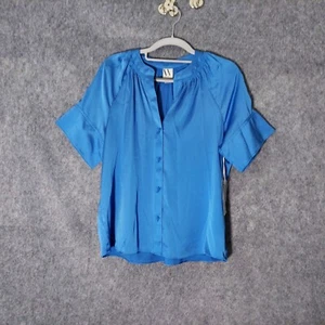 Worthington Blouse S Button Short Sleeve Satin Blue V Neck Pleated Lightweight - Picture 1 of 20