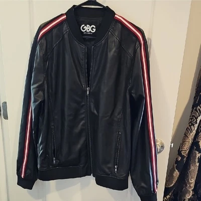 Guess Men Black Faux Leather Bomber Jacket Full Zip Up Red Stripe Size L - Image 1 of 4