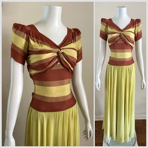 1930s Chartreuse Striped Knotted Maxi Dress Chiffon Satin Bias Puff Sleeve VTG - Picture 1 of 24
