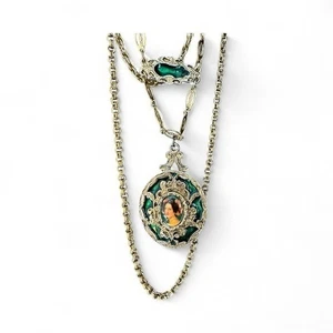 Vintage geschichtet goldfarben grün Emaille Kamee weibliches Portrait Anhänger Halskette - Bild 1 von 7