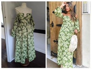 Zara Green Floral Print Off Shoulder Blogger Maxi Dress Cotton XL 8025/104 VGC - Picture 1 of 19