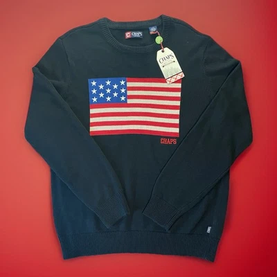 NWT Men’s Chaps Black Knit Sweater With American Flag Size L - Image 1 of 4