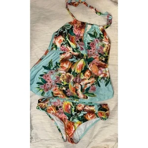 Becca plus size robin egg blue women's halter tankini two piece floral swimsuit - Picture 1 of 9
