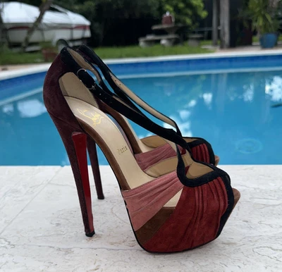 CHRISTIAN LOUBOUTIN многоцветный замшевый ремень деталь платформы PEEP TOE насос Sz 37 М - Изображение 1 из 4