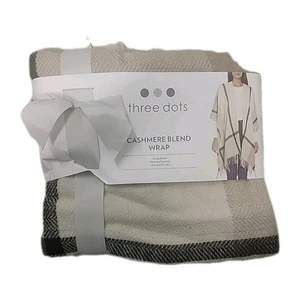 Poncho a tre punti taglia unica neutro Miranda a quadri misto cashmere frange NUOVO - Foto 1 di 1