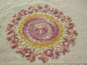 Vintage Purple White Yellow Orange Flowers Crochet Doily 12" X 10.5" Oval - Picture 1 of 2