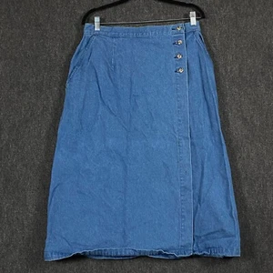 L.L. Bean Womens Size 16 Midi Wrap Skirt Blue Denim Buttons Vintage USA - Picture 1 of 10
