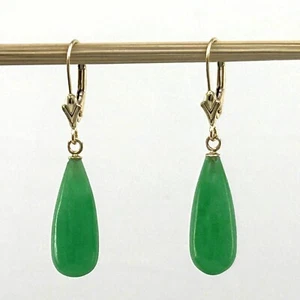 14K Yellow Gold Leverback Green Jade Drop Earrings - Picture 1 of 5