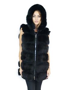 50 Black fox fur vest with suede inserts and hood volpe Fuchs renard
