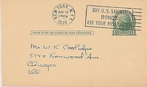 USA 1935 SLOGAN CANCEL "BUY US SAVINGS BONDS ASK YOUR POSTMASTER' POSTCARD #3 - Picture 1 of 1