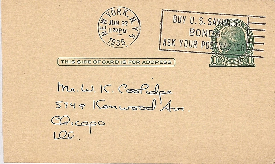 USA 1935 SLOGAN CANCEL "BUY US SAVINGS BONDS ASK YOUR POSTMASTER' POSTCARD #3 - Image 1 of 1