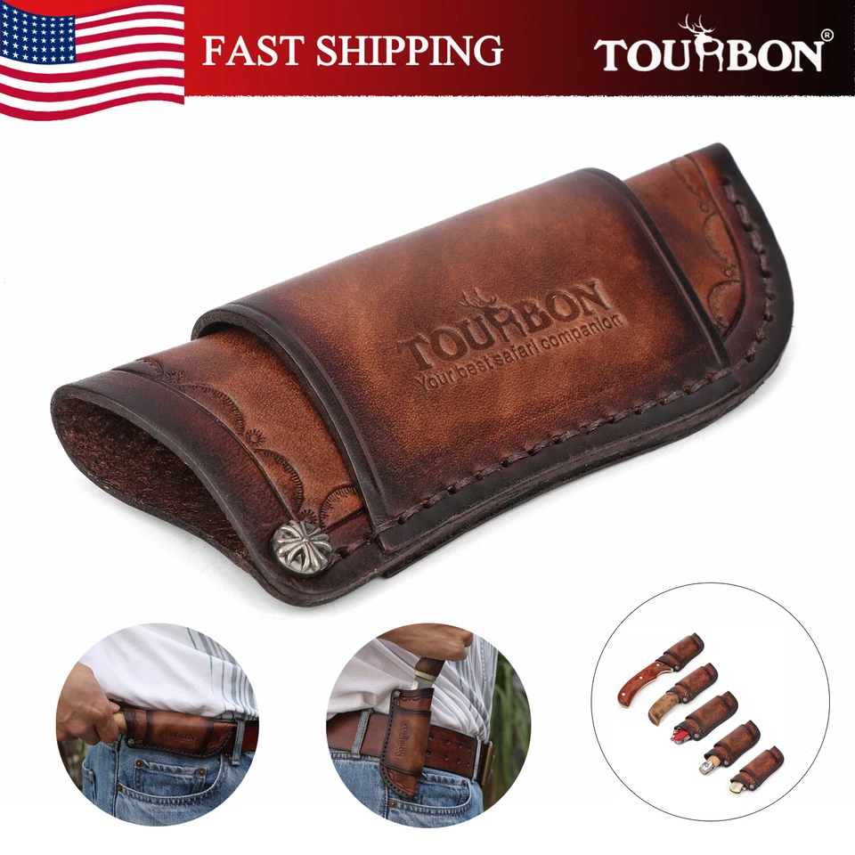 TOURBON Real Leather Folding Knife Belt Holster Horizontal/Vertical Sheath US - Image 1 of 4