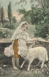 Hand-Colored Postcard, Little Girl and Lamb With Flower Garland #1956 - Picture 1 of 2