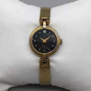 Vintage Oscar De La Renta Watch Women 20mm Gold Tone Black Dial New Battery 6" - Picture 1 of 14